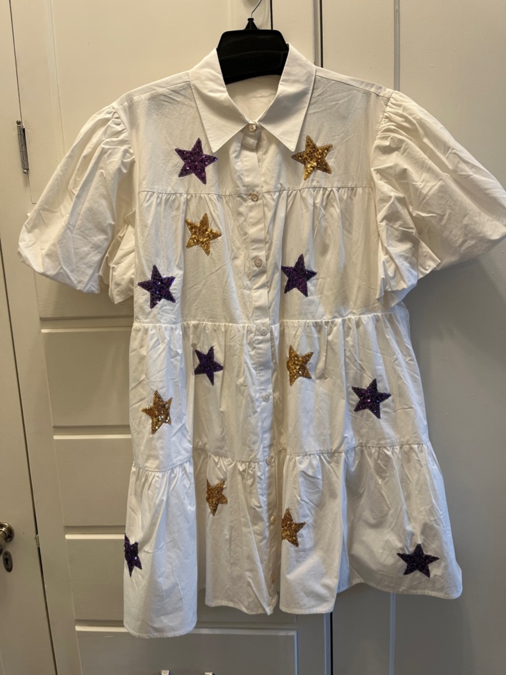 White Tiered Star Embellished Shirt Dress - White with Purple & Gold Stars